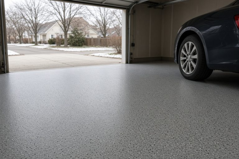 Finished gray epoxy garage floor with a sedan tire — Epoxy Flooring in East Chicago
