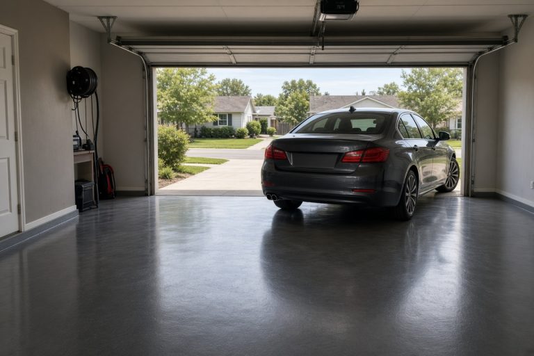 Glossy epoxy garage floor with a car parked inside — Epoxy Flooring in Griffith