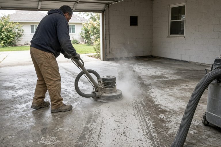 Worker grinding a salt-stained garage slab — Epoxy Flooring in Griffith