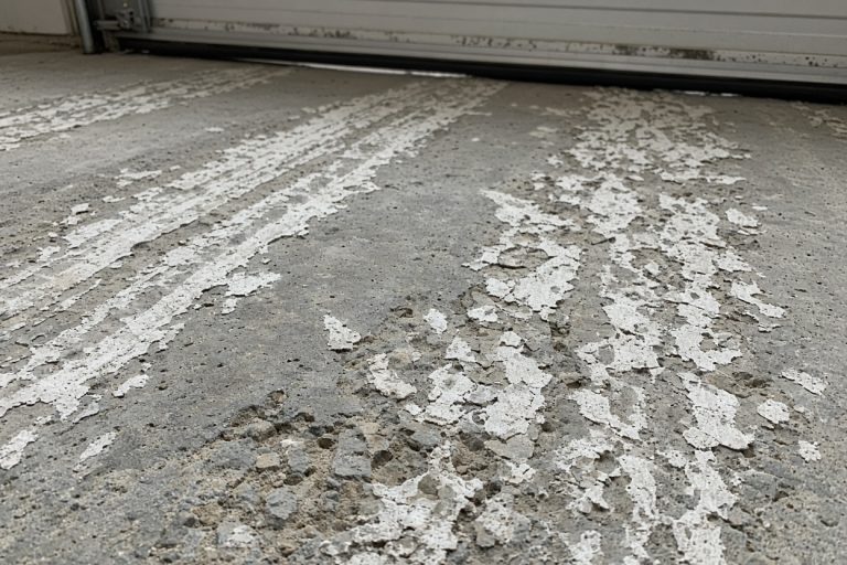 Bare garage concrete with salt scale in the tire path — Epoxy Flooring in Hammond