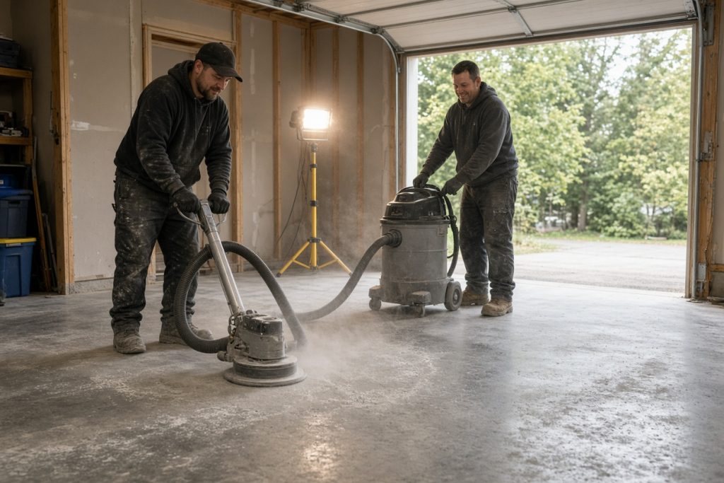 Crew grinding a garage slab before the epoxy coat — Epoxy Flooring in Highland