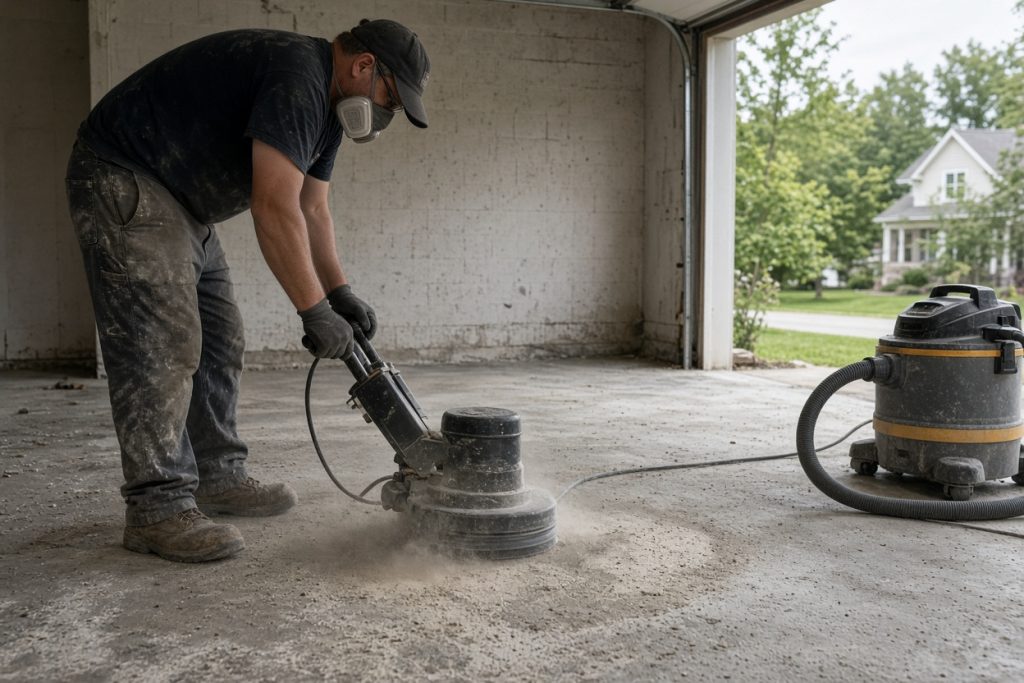 Worker grinding a dusty garage slab before the floor coating — Epoxy Flooring in Munster