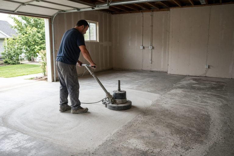 Worker grinding a bare garage slab before coating — Epoxy Flooring in Schererville