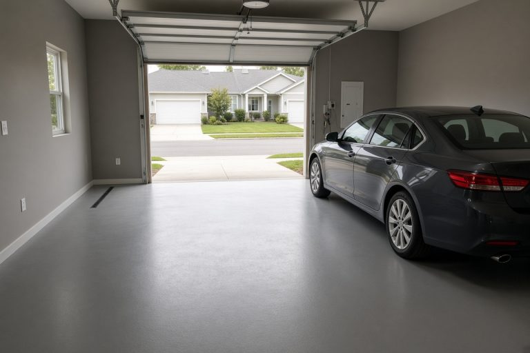 Smooth gray epoxy garage floor with a parked sedan — Epoxy Flooring in St. John