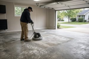Grinding a salt-marked garage slab before coating — Epoxy Flooring in St. John