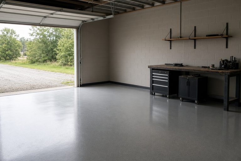 Finished epoxy shop floor with an even sheen beside a workbench — Epoxy Flooring in Wheeler