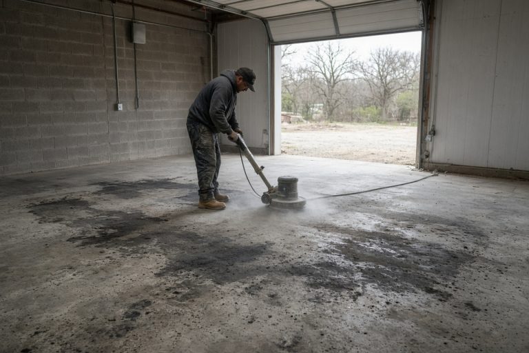 Crew grinding oil stains off a bare shop slab — Epoxy Flooring in Wheeler