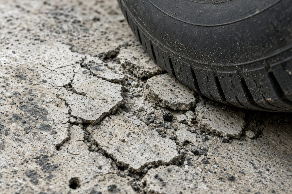 Close-up of flaking, pitted concrete where a tire rests — Garage Floors in Hebron