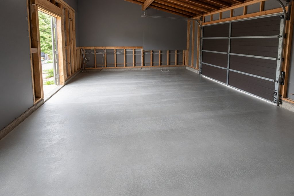 Newly finished garage slab curing inside an attached garage — Garage Floors in Ogden Dunes