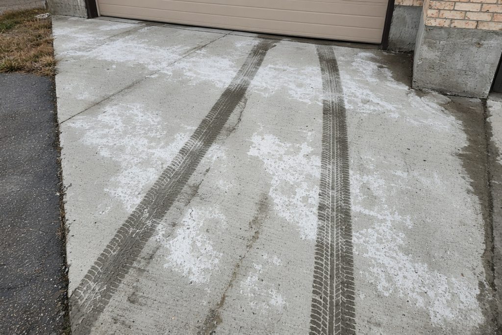 Wet tire tracks and white salt film on a garage slab — Garage Floors in Ogden Dunes