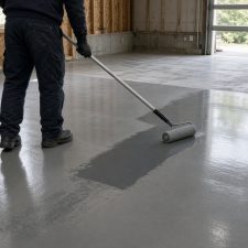 Worker rolling epoxy coating onto a prepared garage floor — Garage Floors in Portage