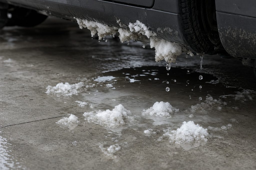 Snow and slush dripping from a car onto a wet garage slab — Garage Floors in Porter