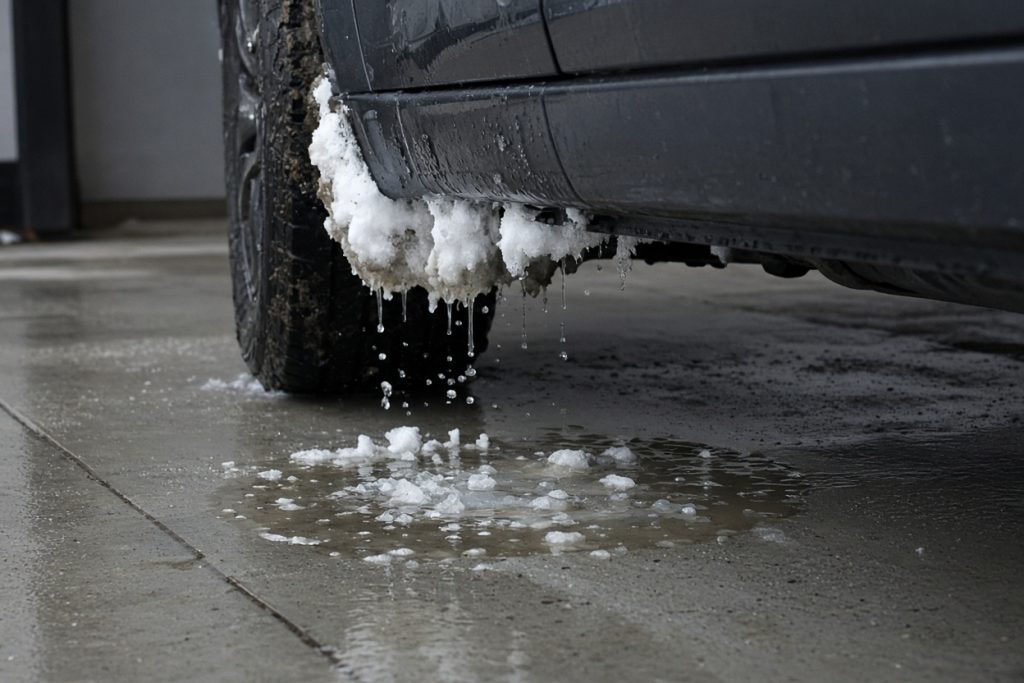 Snow and slush dripping from a car onto a wet garage slab — Garage Floors in Porter