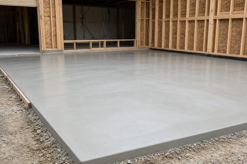 Smooth trowel finish on a newly poured garage slab — Garage Floors in Porter