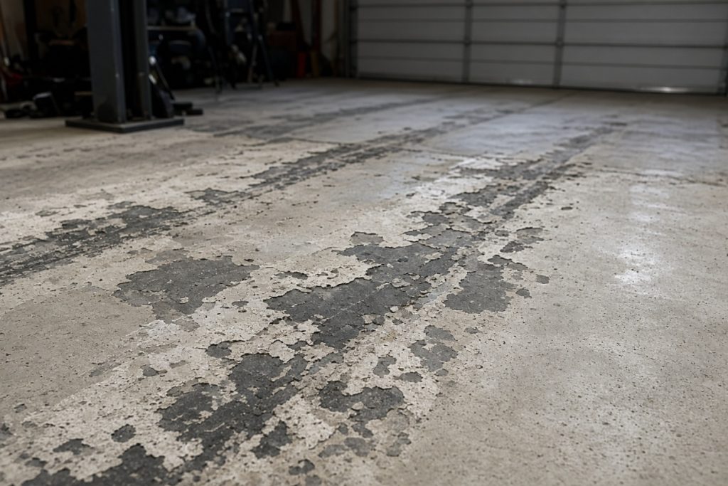 Flaking dusty concrete in the tire lanes of a garage — Garage Floors in Porter