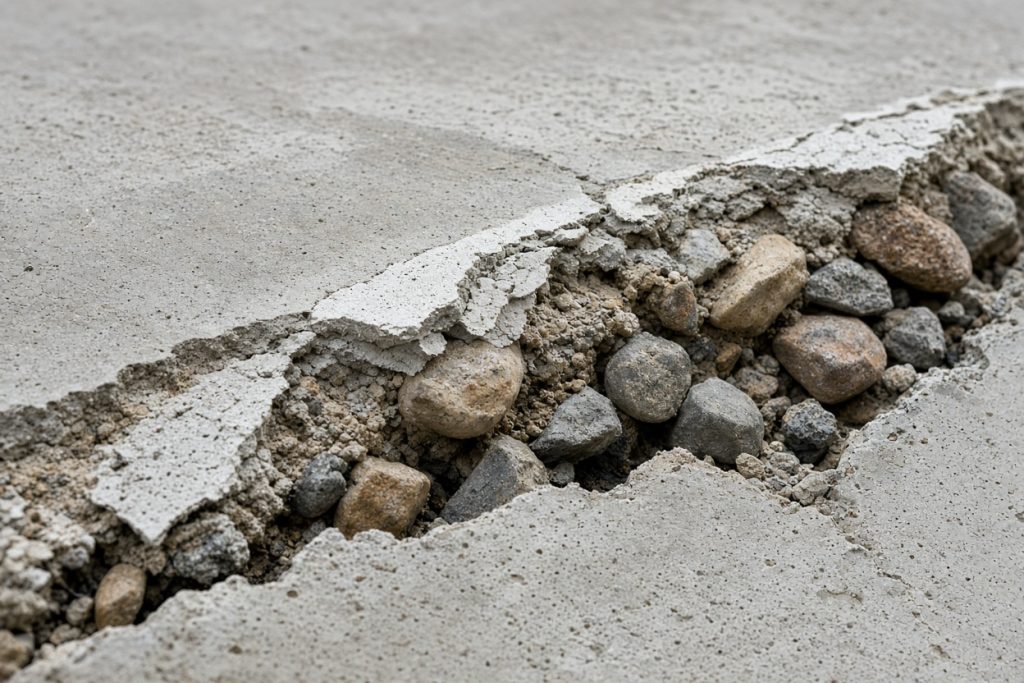 Close-up of flaking cement paste and exposed stone on a garage slab — Garage Floors in South Haven