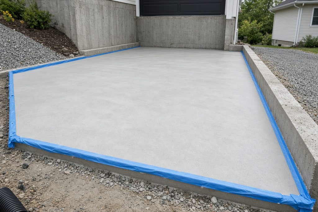 Ground garage slab with edges taped, ready for coating — Garage Floors in South Haven
