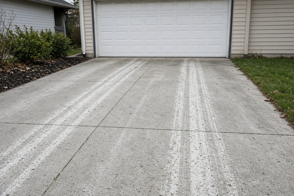 Salt-stained tire tracks on a residential garage slab — Garage Floors in Valparaiso