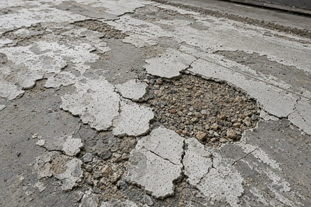 Flaking paste and exposed aggregate on a garage slab — Garage Floors in Valparaiso