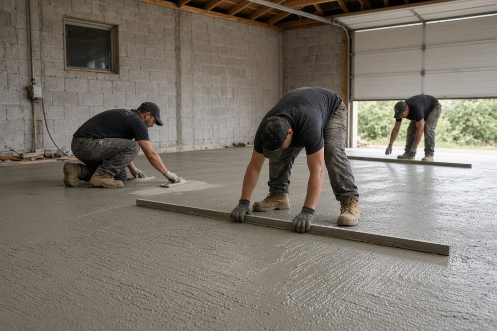 Crew screeding a new interior garage slab — Garage Floors in Valparaiso