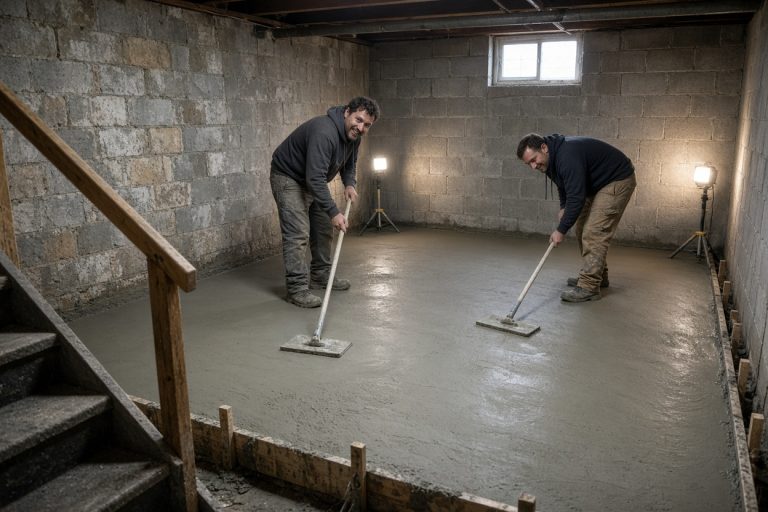 Crew floating a fresh basement slab beside block walls — Concrete Basements in Hebron