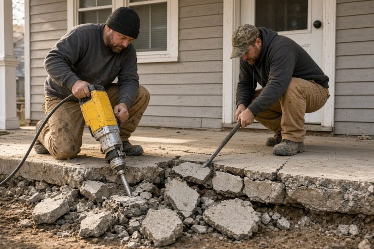 Crew breaking out a cracked porch slab at a house — Concrete Demolition Companies in Hebron