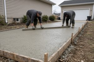 Crew screeding fresh concrete on a residential driveway - Concrete Driveways in Hebron