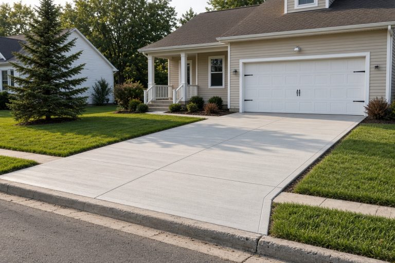 Finished concrete driveway and garage apron in daylight - Concrete Driveways in Hebron
