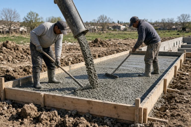 Crew placing concrete into house foundation wall forms - Concrete Foundations in Hebron