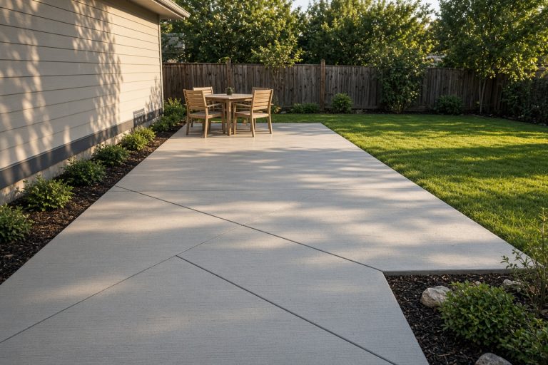 Finished broom-finish backyard patio beside a lawn — Concrete Patios in Hebron
