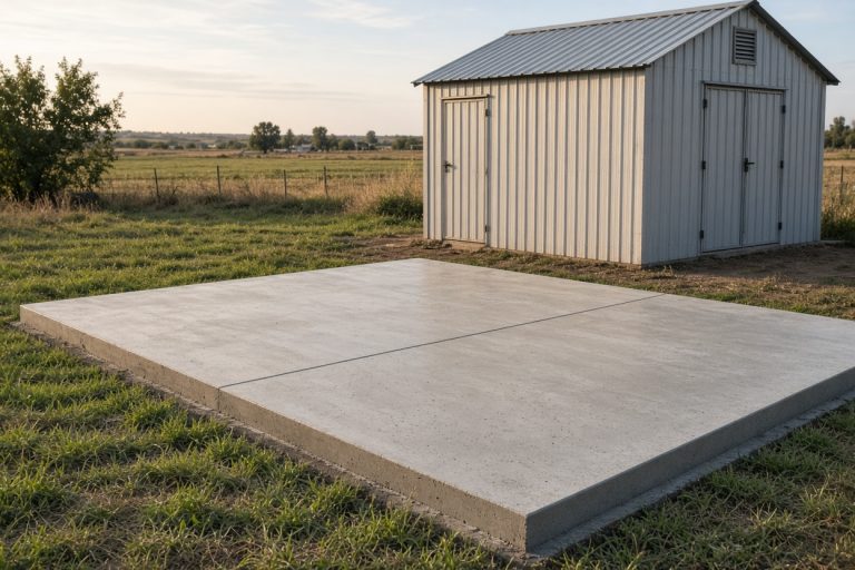 Finished shed slab with a clean joint on a wide lot — Concrete Slabs in Hebron