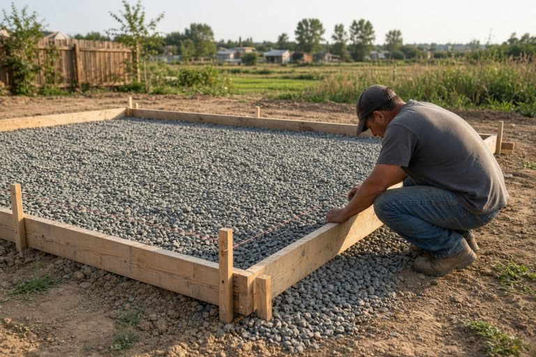 Compacted gravel and wood forms laid out for a shop pad — Concrete Slabs in Hebron