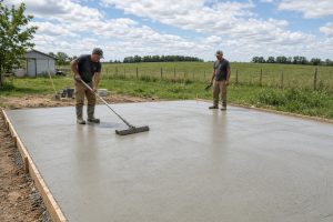 Crew running a bull float over a fresh shop slab — Concrete Slabs in Hebron