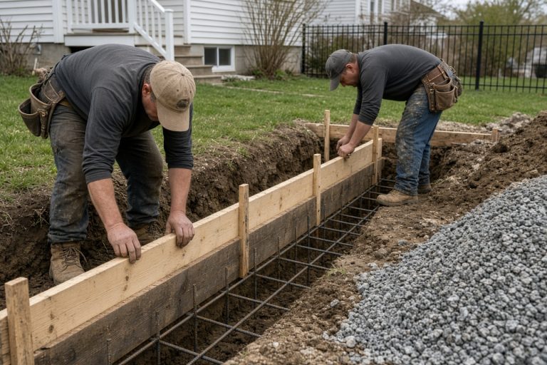Crew setting forms for a low concrete wall — Retaining Walls in Hebron