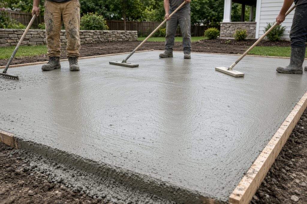 Crew bull-floating a new backyard patio slab — Home Improvement in Chesterton