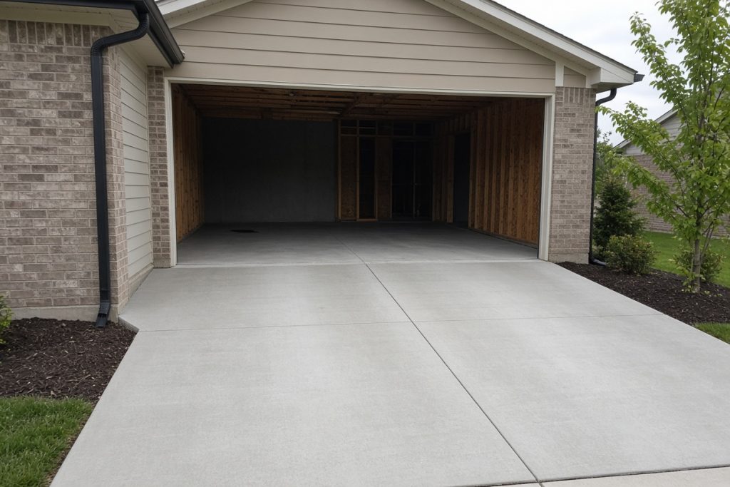 New concrete driveway apron at an open garage — Home Improvement in Chesterton