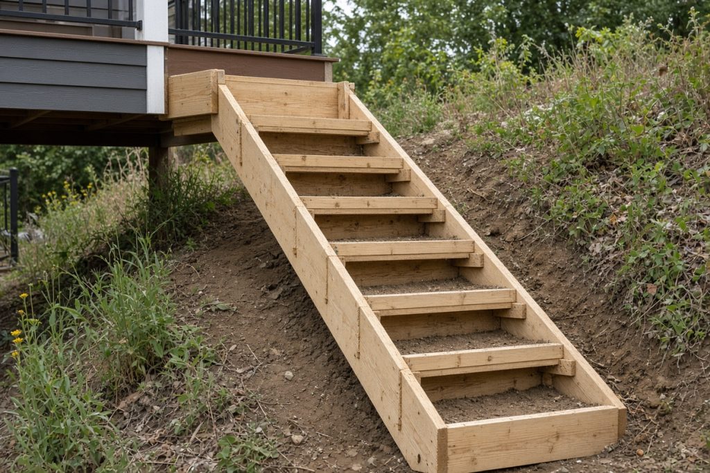 Wood forms for steps going down a grade from a porch — Home Improvement in Ogden Dunes