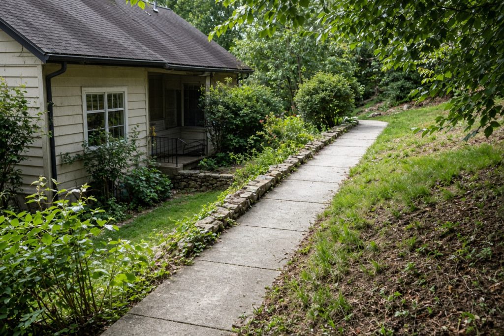 Sloped yard beside an older cottage with a concrete walk in place — Home Improvement in Ogden Dunes