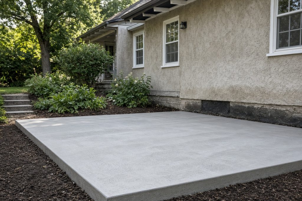 Finished concrete patio pad beside an older cottage — Home Improvement in Ogden Dunes