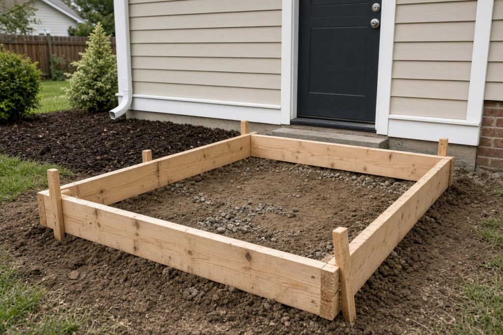 Wood forms set for a concrete pad at a side door — Home Improvement in Porter