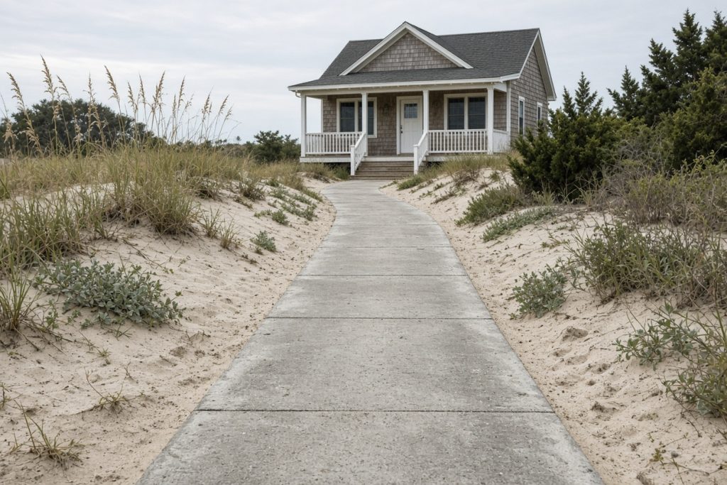 Weathered concrete walk leading to a small dune cottage — Home Improvement in Porter