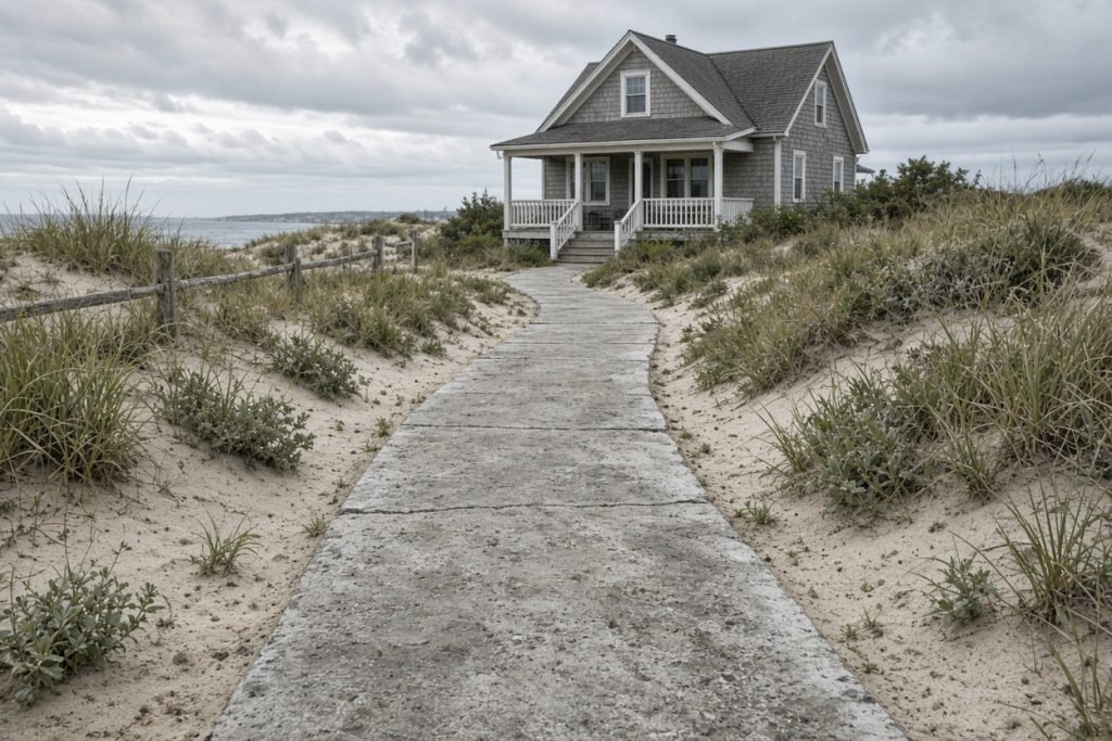 Weathered concrete walk leading to a small dune cottage — Home Improvement in Porter