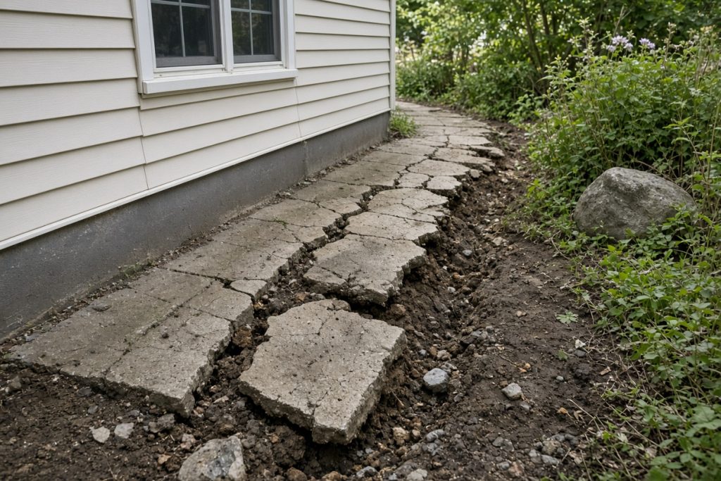 Broken walk torn out to dirt beside a house — Home Improvement in South Haven