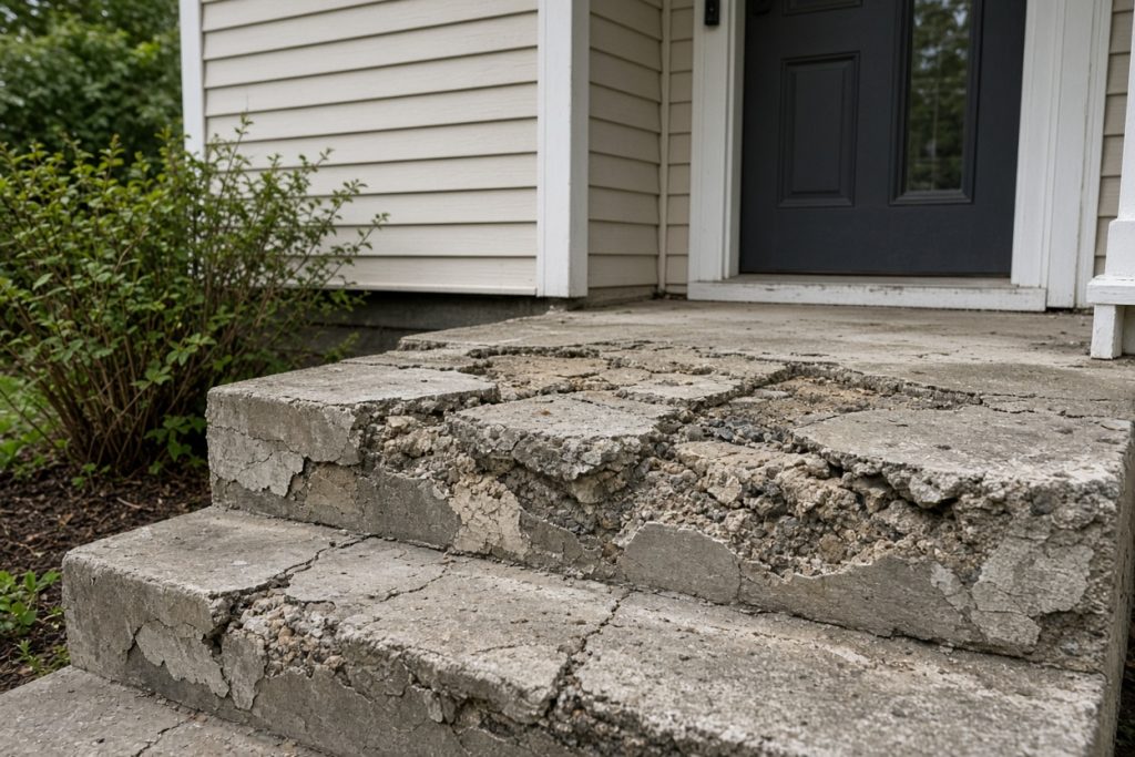Cracked, spalled front stoop on an older house — Home Improvement in South Haven
