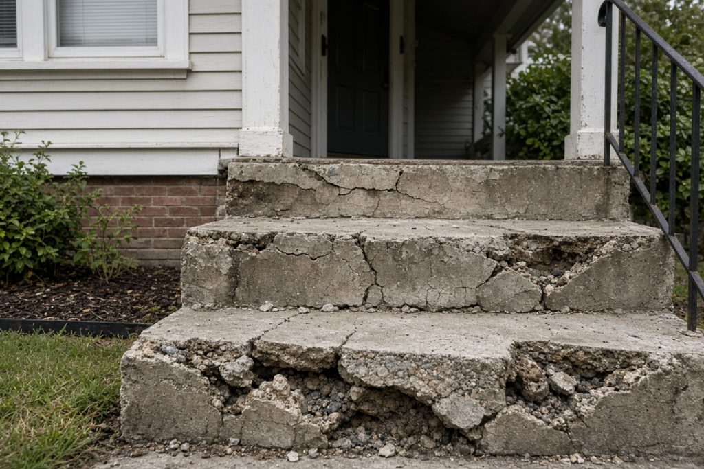 Cracked, spalled front stoop on an older house — Home Improvement in South Haven