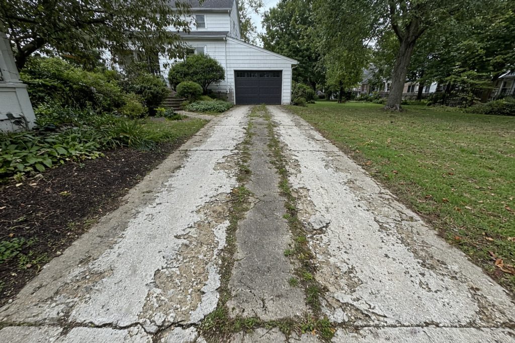 Spalled driveway tire path on an older residential lot — Home Improvement in Valparaiso