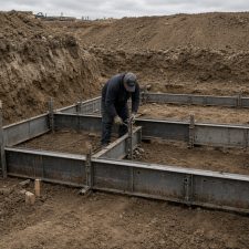 Crew setting steel forms in an open basement excavation — Concrete Basements in Kouts