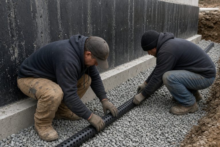 Crew setting drain tile in gravel beside a footing — Concrete Basements in Kouts