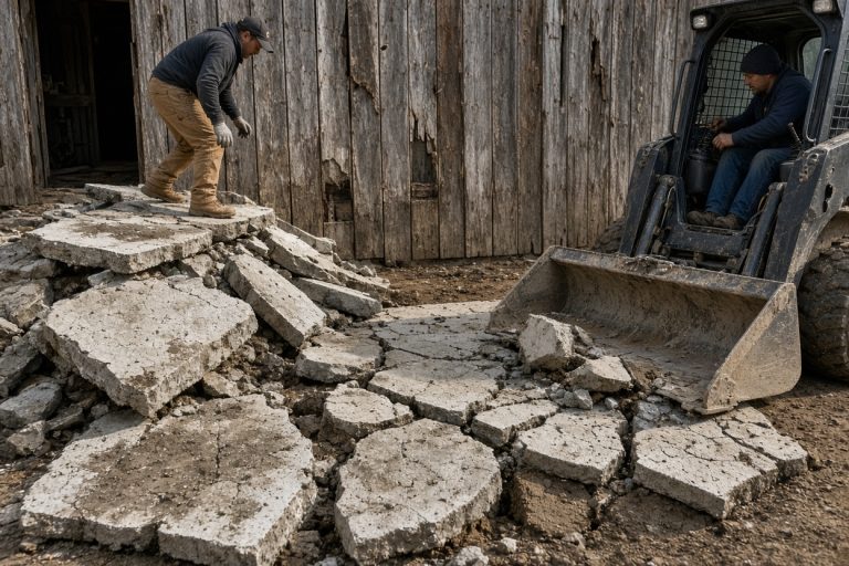 Crew breaking a cracked barn pad with a skid steer — Concrete Demolition Companies in Kouts