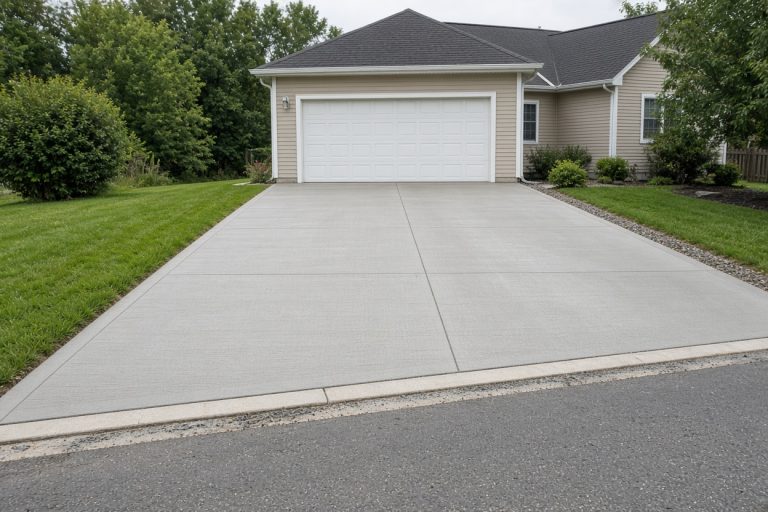 Finished broom-finish driveway sloping from a garage to the street — Concrete Driveways in Kouts